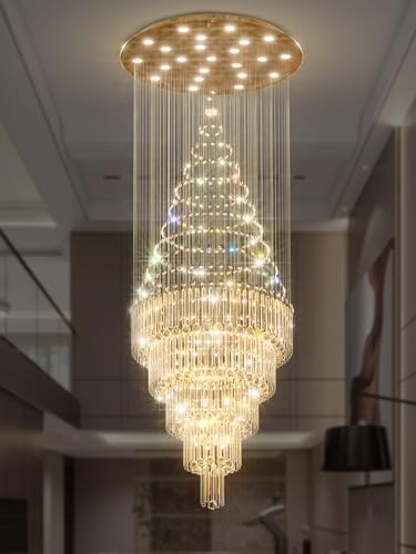D48''X H120''High Ceiling Chandelier Crystal Raindrop Chandeliers Large Villa Gold Chandelier Entrance Foyer Hight Ceiling Lighting LED Dimmable 2700K (Gold / D48"X H120")