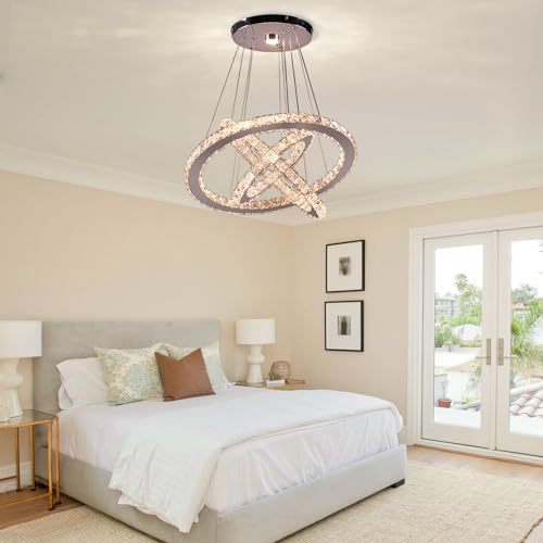 Crystal Chandeliers 4 Rings Chandelier LED Pendant Light Chandelier Ceiling Hanging Light Fixtures for Bedroom Living Room Dining Room Dia
