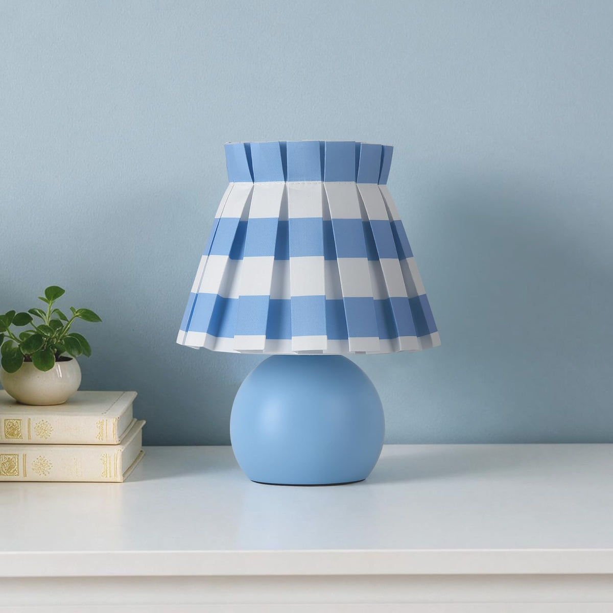Blue White Plaid Small Bedside Table Lamp (Blue-White / On/Off Switch)
