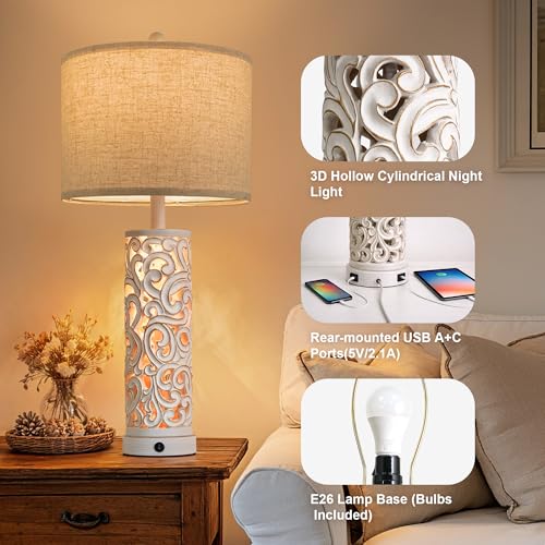 2-in-1 Light Table Lamp Set of 2 for Living Room, 28.5" Farmhouse Bedside Lamps with USB Charging Port, Main&Night Light & Dual Switches, Nightstand Lamp for Bedroom Home Office(Bulb Included) (Mat...