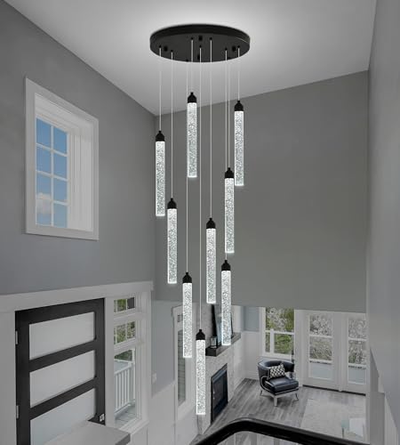 9 Lights High Ceiling Crystal Staircase Chandelier Black Pendant Lights Modern Spiral Raindrop Dimmable LED Bubble Cluster Ceiling Hanging Lighting Fixture for Foyer Living Room Remote Control (Black / 9 lights)