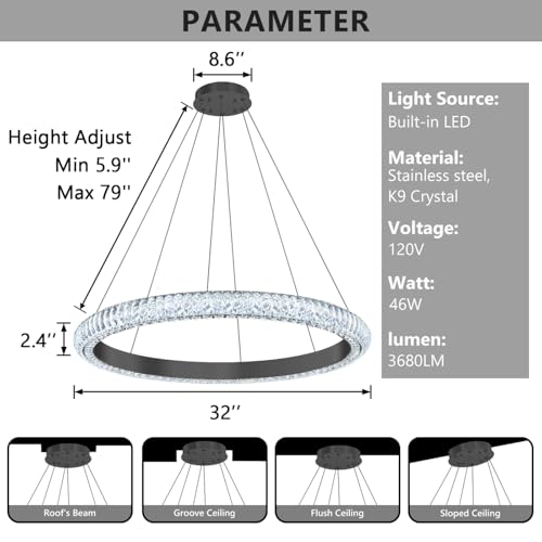 32" 1 Ring Crystal Chandelier Modern LED Dimmable Ring Pendant Light Chandelier for Dining Room Living Room Black (Black / 1 Ring Round 32")