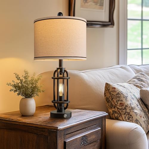 24'' Table Lamps for Living Room Bedroom Industrial Touch Lamp with USB A+C Ports (24'' Black - Single)