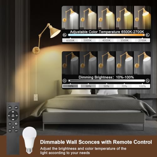 Dimmable Wall Sconce (Oak color / 2 Pack- (Remote+Bulbs))