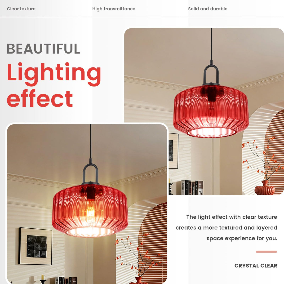 Mid Century Modern Pendant Lights Red Glass Hanging Ceiling Light (Red-2)
