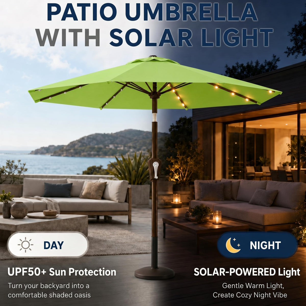 10FT Solar Patio Umbrella with Lights (Apple Green / 10 FT)
