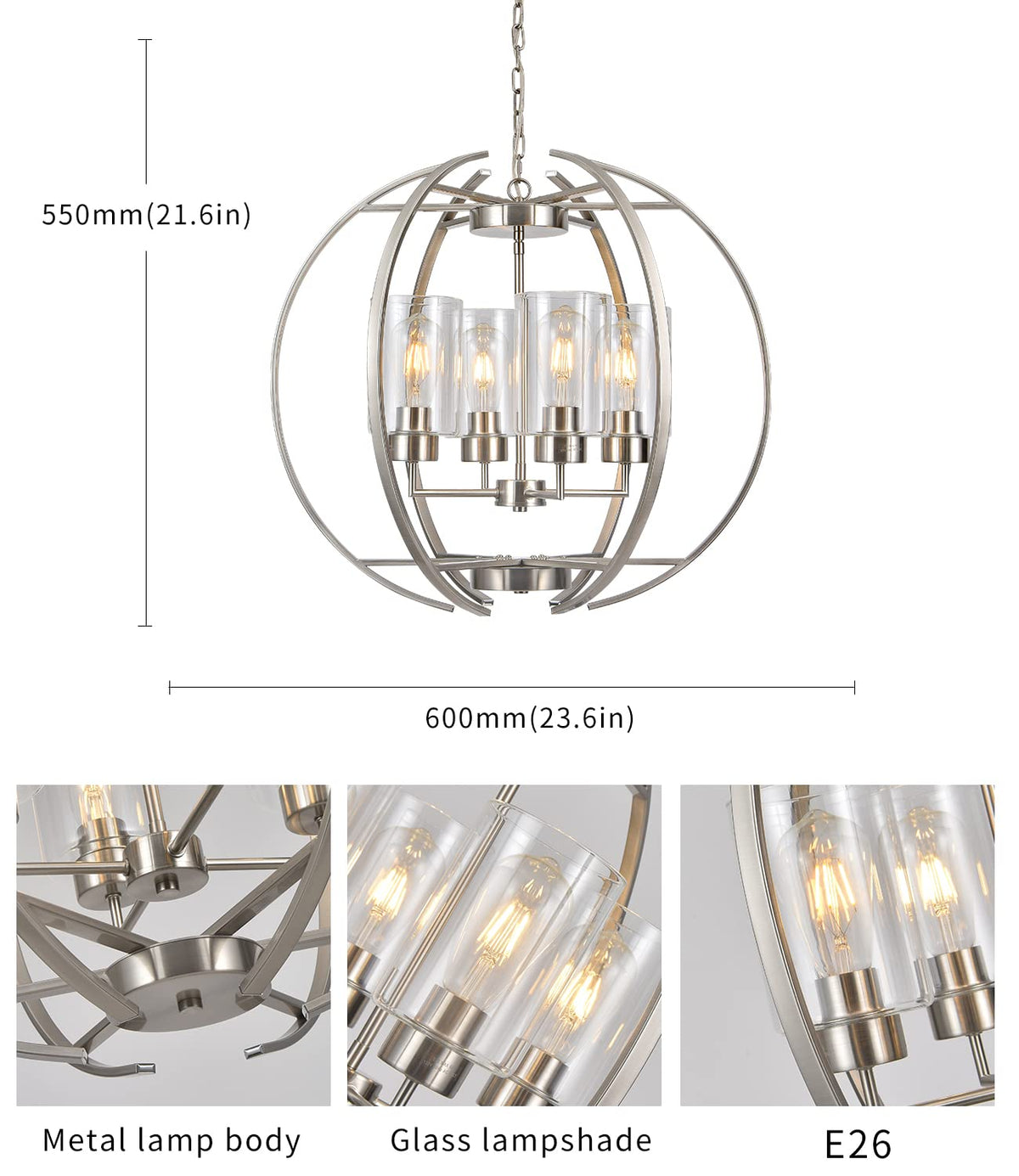 24" Brushed Nickel Globe Chandelier (Brushed Nickel Clear glass 24")
