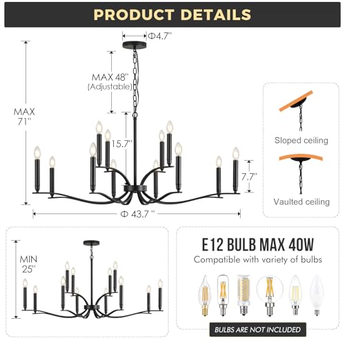 Black Living Room Chandelier 12 Light High Ceiling Foyer Candle Chandelier Large Dining Room Light Fixture Over Table 44in Metal Modern Chandeliers Hanging Light for Entry Master Bedroom (Black / 44 inch)