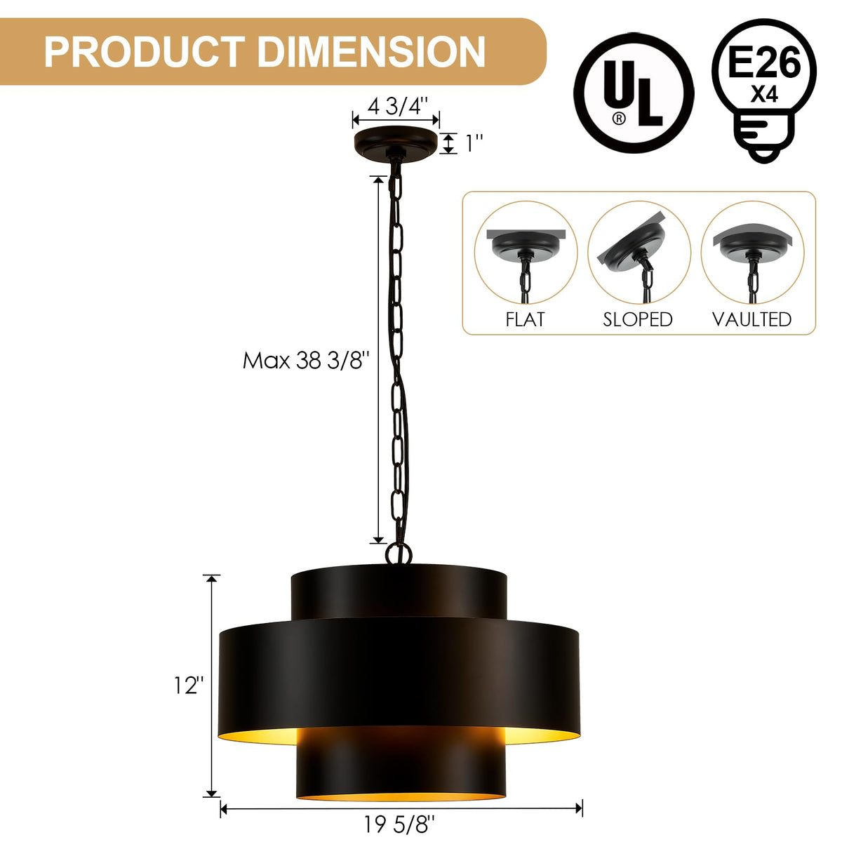 20” Matte Black Modern Chandelier 3 Round Classic Gold Metal Contemporary Industrial Pendant Light for Dining Living Room Kitchen Island (Black 2)