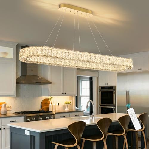 Modern Oval Crystal Chandelier for Dining Room Rectangular Ceiling Light Fixture Dimmable LED Chandeleirs for Living Room Kitchen Island Gold (Gold / Oval 59" x 12")