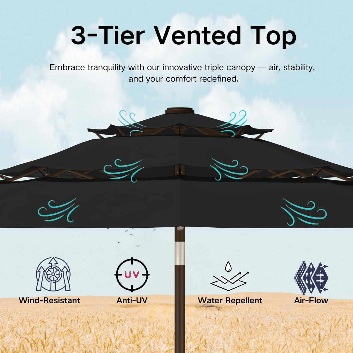 9ft 3 Tier Patio Umbrella with Solar Lights (Black / 9 FT)