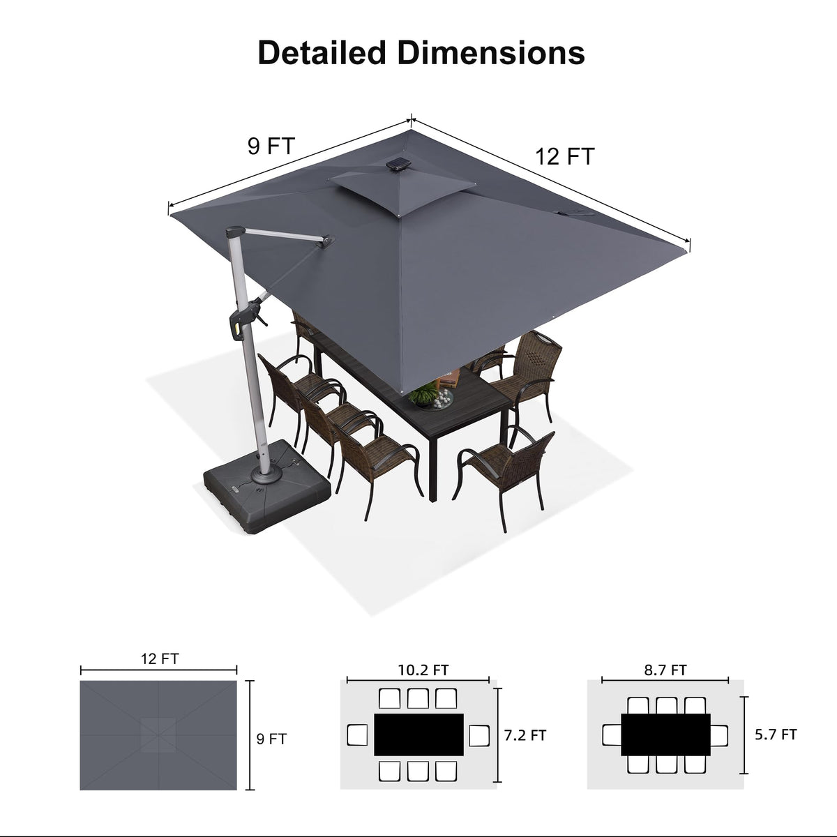 9' X 12' Solar Powered LED Rectangle Cantilever Umbrella With Base Patio Umbrellas Windproof Hanging Umbrella Outdoor Umbrellas (Grey / 9' X 12')
