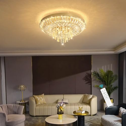 Crystal Chandelier 40W Modern Round Ceiling Light Fixture LED Raindrop Chandeliers Dimmable with Remote for Dining Room Living Room Entryway Hallway Bedroom Gold (Gold / W20")