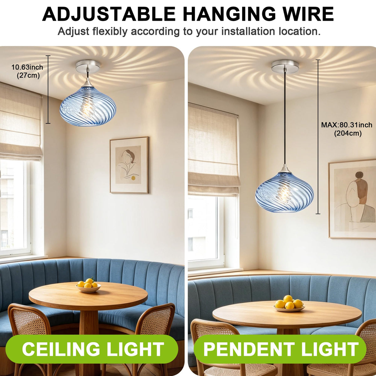11in Brushed Nickel Pendant Lights Kitchen Island with Blue Glass Shade 1PC (Nickel-Striped Blue Glass)