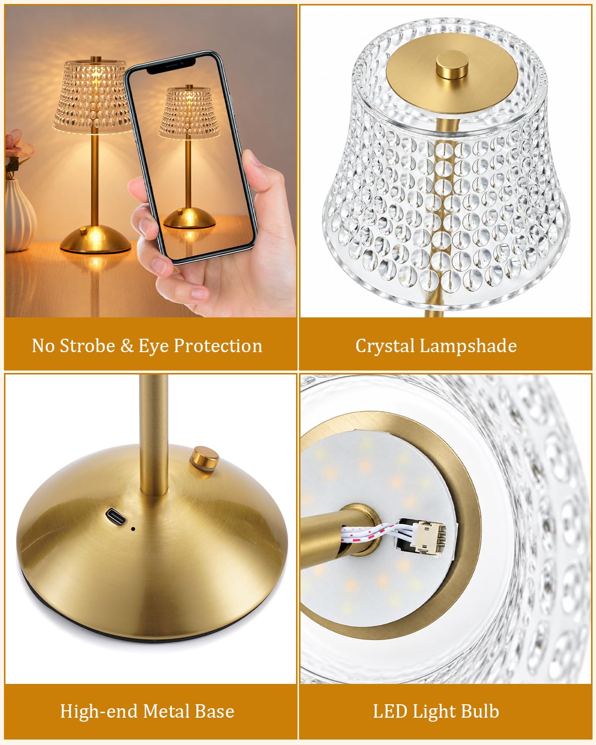 Rechargeable Cordless Table Lamp (Gold-Bubble Dot)