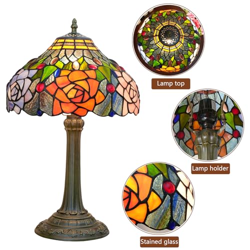 Tiffany Style Stained Glass Lamp Red Orange Purple Pink Rose Table Lamp Bedroom Bedside Reading Desk Light for Living Office Retro Unique Cute Accent Decor 12" Village Gift Nightstand Lamps (Red Yellow Rose Floral)