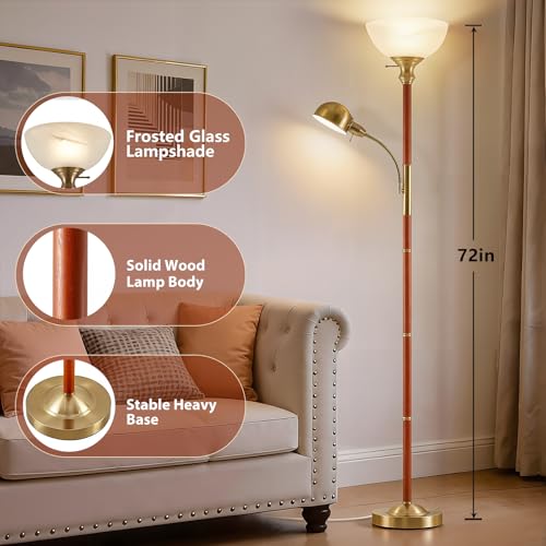 72" Wood Torchiere Floor Lamp with Glass Shade Gold Standing Lamp (Wood Color)