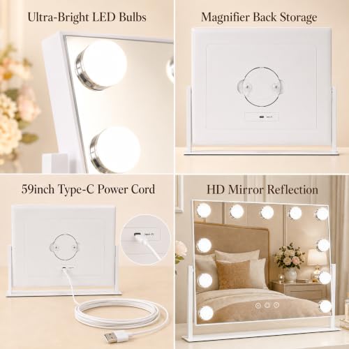 16 x13 in Hollywood Makeup Mirror with Lights (White / 12.7"L x 15.6"W)