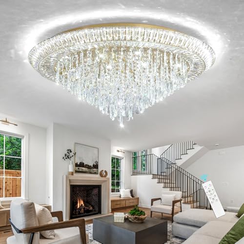 Modern LED Crystal Chandelier for Living Room Dimmable Large Ceiling Light Fixture Round Raindrop Chandeliers for Dining Room Entryway Bedroom Foyer Gold (Gold / W40")