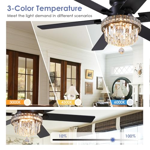 52" Low Profile Crystal Ceiling Fans with LED Lights and Remote (Black-52IN-8341)