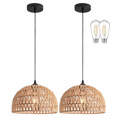 Mini Hemp Rope Woven Pendant Light Woven Light Fixture Boho Chandelier Light Fixture Wicker Pendant Light Rattan Light Pendant Dome Wicker Chandelier for Bedroom Kitchen Island