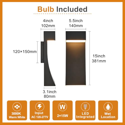 Modern Outdoor Wall Light Curved Design Waterproof (15"H 30W Textured Black)