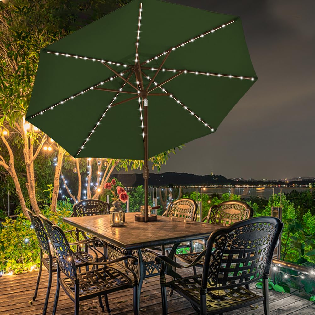 USA 10-Year-Non-Fading 9ft Market Patio Umbrella, Commercial Grade Table Sun Umbrella with 80 Solar LED Lights, Crank Open, Windproof & UPF 50+ UV Protection for Garden, Deck, Pool, Backyard, Fern (Fern / 9 FT(Single Vent Tilt))