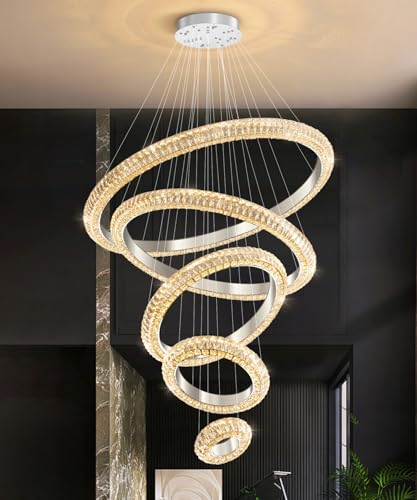 5 Ring Large Crystal Chandelier Modern LED Dimmable High Ceiling Chandelier Ring Contemporary Pendant Light Fixture for Living Room Foyer Staircase Gold D40'' (Silver / 5 Ring Round 40")