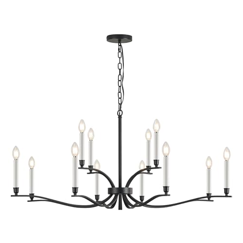 Black Living Room Chandelier 12 Light High Ceiling Foyer Candle Chandelier Large Dining Room Light Fixture Over Table 44in Metal Modern Chandeliers Hanging Light for Entry Master Bedroom (Black / 44 inch)