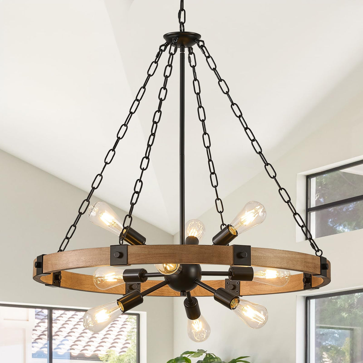 Farmhouse Wagon Wheel Chandelier 31" Wooden Chandelier Light Fixture (Oak / 31.5 inch 9-Light)