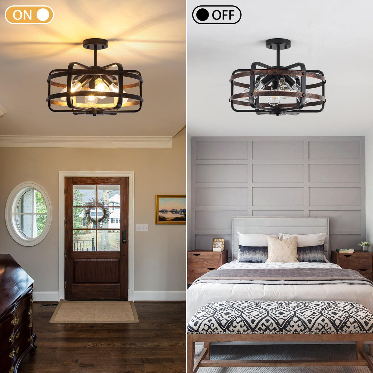 17.71'' Farmhouse Cage Semi Flush Mount Ceiling Light Fixture 4 (17.71''-Black&Brown-E26)