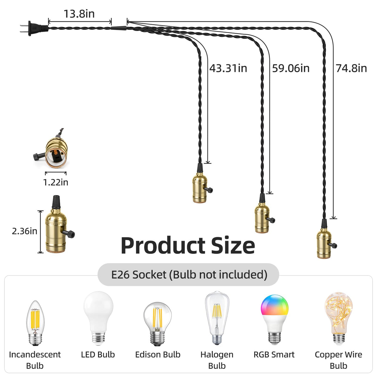 Plug in Pendant Light Cord Kit (Gold / 1 plug with 3 sockets)