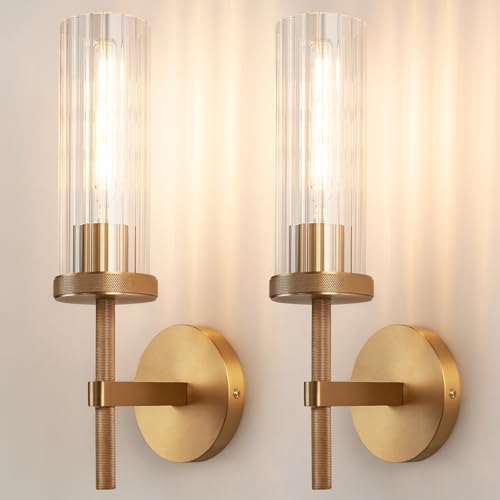 15" Knurled‑Craft Hardwired Brass Wall Sconce (Brass-Vertical Striped / 15″-2 Pack)