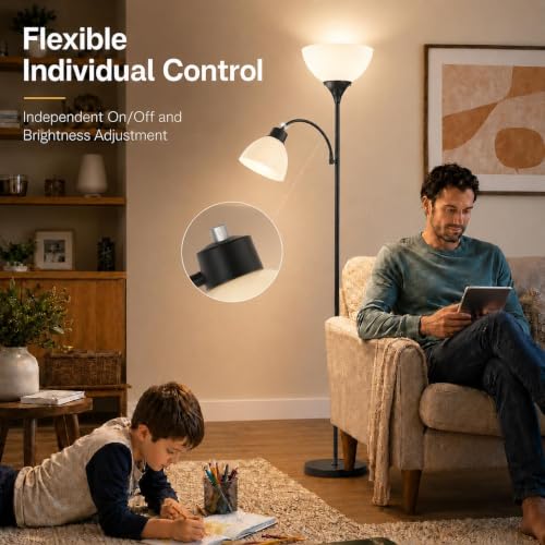 Torchiere Floor Lamp with Remote Control and Adjustable Reading Light (Matte Black)