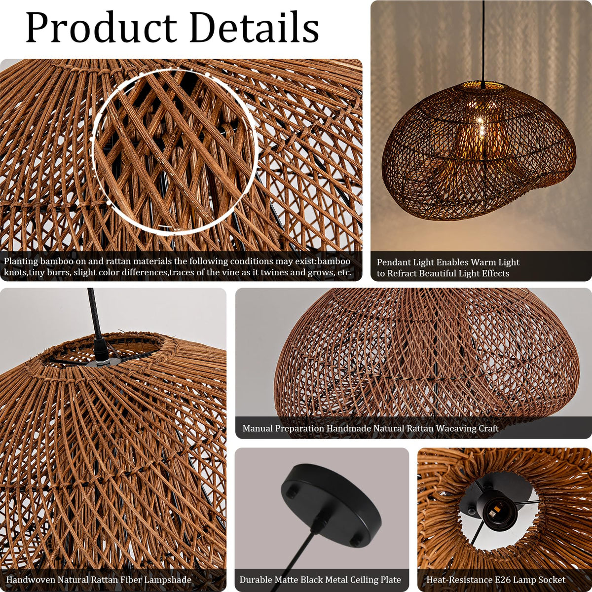 23.6" Rattan Pendant Light (Dark Brown / 23.6")