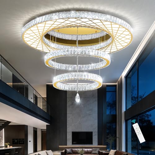 48 inch Large Size Glam Chandelier Crystal Ceiling Light for Living Room Chandeliers Lighting Fixtures with Remote Dimmable LED Light (48 inch / Gold)