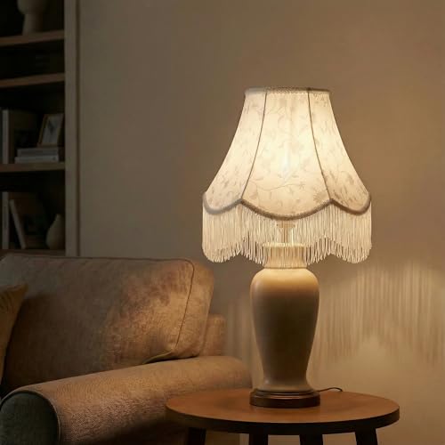 White Bell Fringe Lamp Shades Set of 2 (White Tassels — 2 Packs / Medium — 6" x 13" x 10.6")