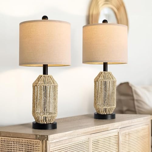 21" Boho Table Lamps Set of 2 for Living Room (Wood Brown and Black)