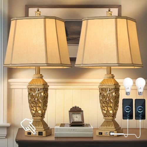 27.5" Touch Control Traditional Table Lamp Set of 2 with USB A+C (Bronze Wood-10 / 27.5")