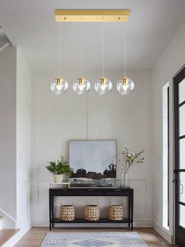 Chandeliers for Dining Room Gold Dining Room Lights Fixture Over Table Glass Globe Pendant Lights Kitchen Island Adjustable Hanging Lamp Ceiling for Bedroom Entryway Foyer (Gold-Clear / Rectangle 4-Light)