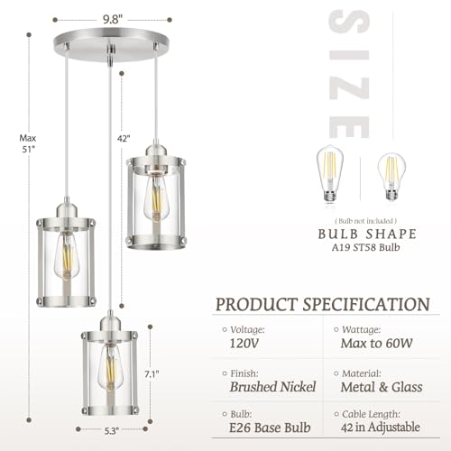 Brushed Nickel 3 (Nickel + Clear Glass / 3-Light Ceiling Chandelier)