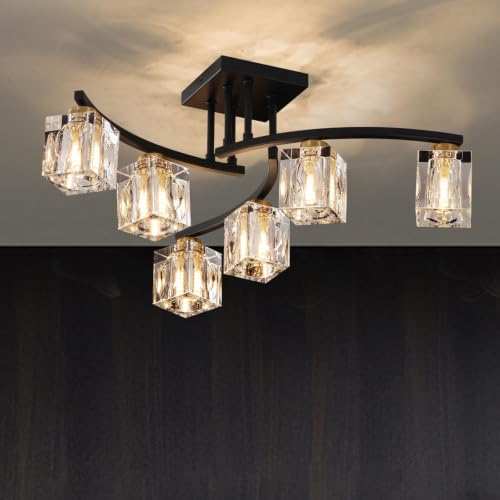 6 Lights Modern Sputnik Ceiling Light Fixture Black Crystal Semi Flush Mount Ceiling Light Farmhouse Chandeliers for Dining Room Living Room Kitchen Island Bedroom Entryway (Black / 6-Light)