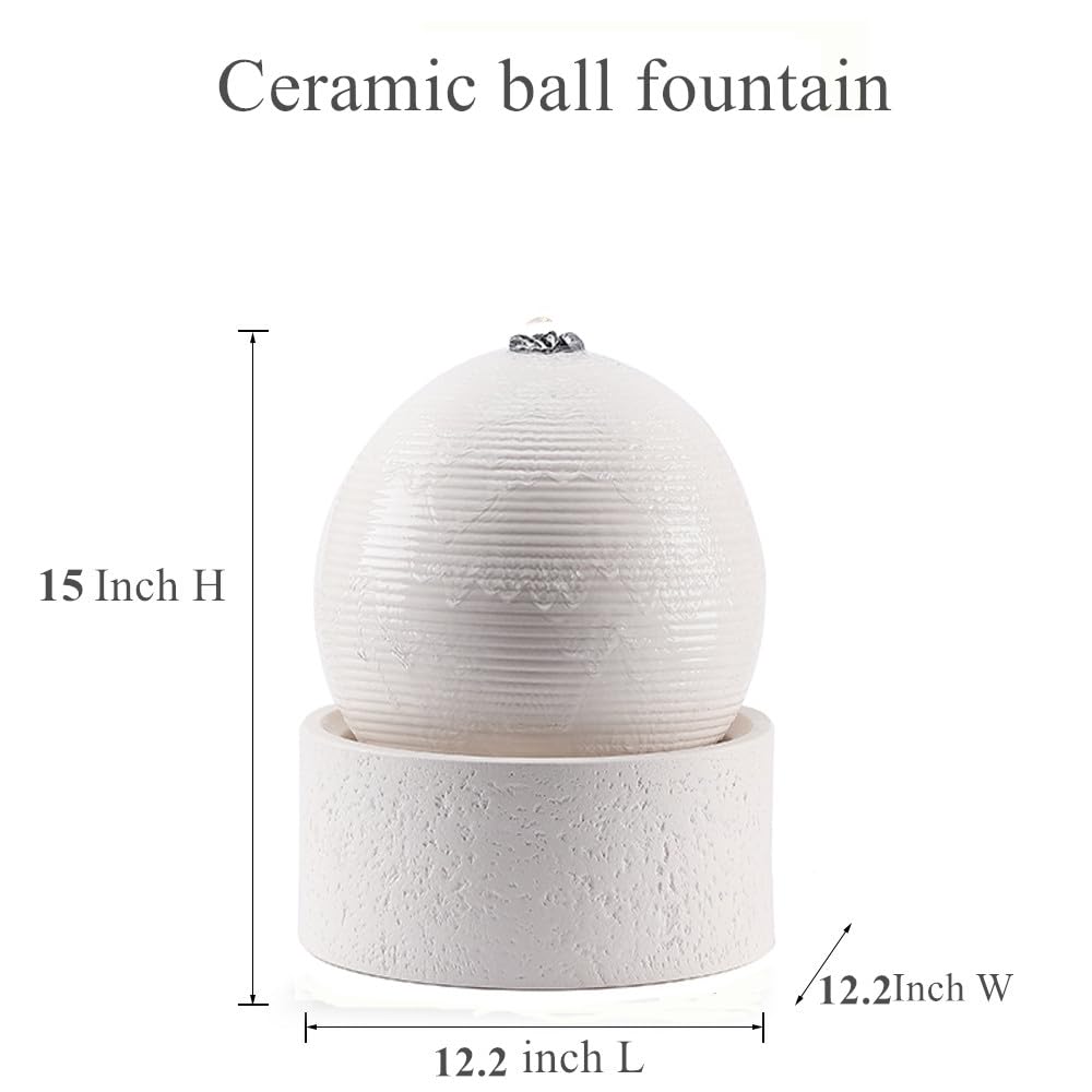 Ceramic Outdoor and Garden Fountain Home Decoration Waterfall Water Feature (Ball 12 Inch White)
