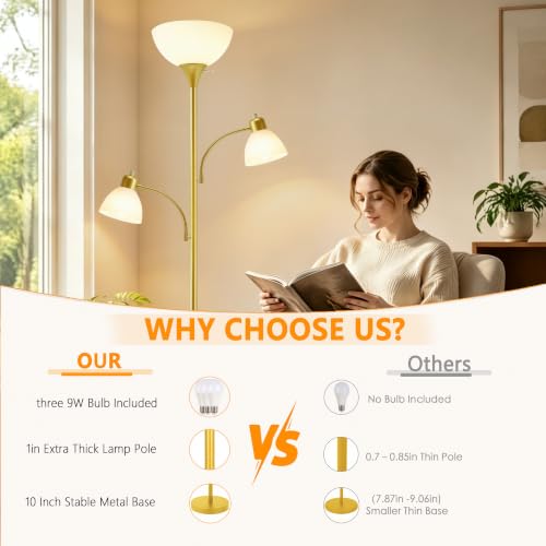 3 Head Torchiere Floor Lamps with 2 Reading Lamp for Living Room (Gold)