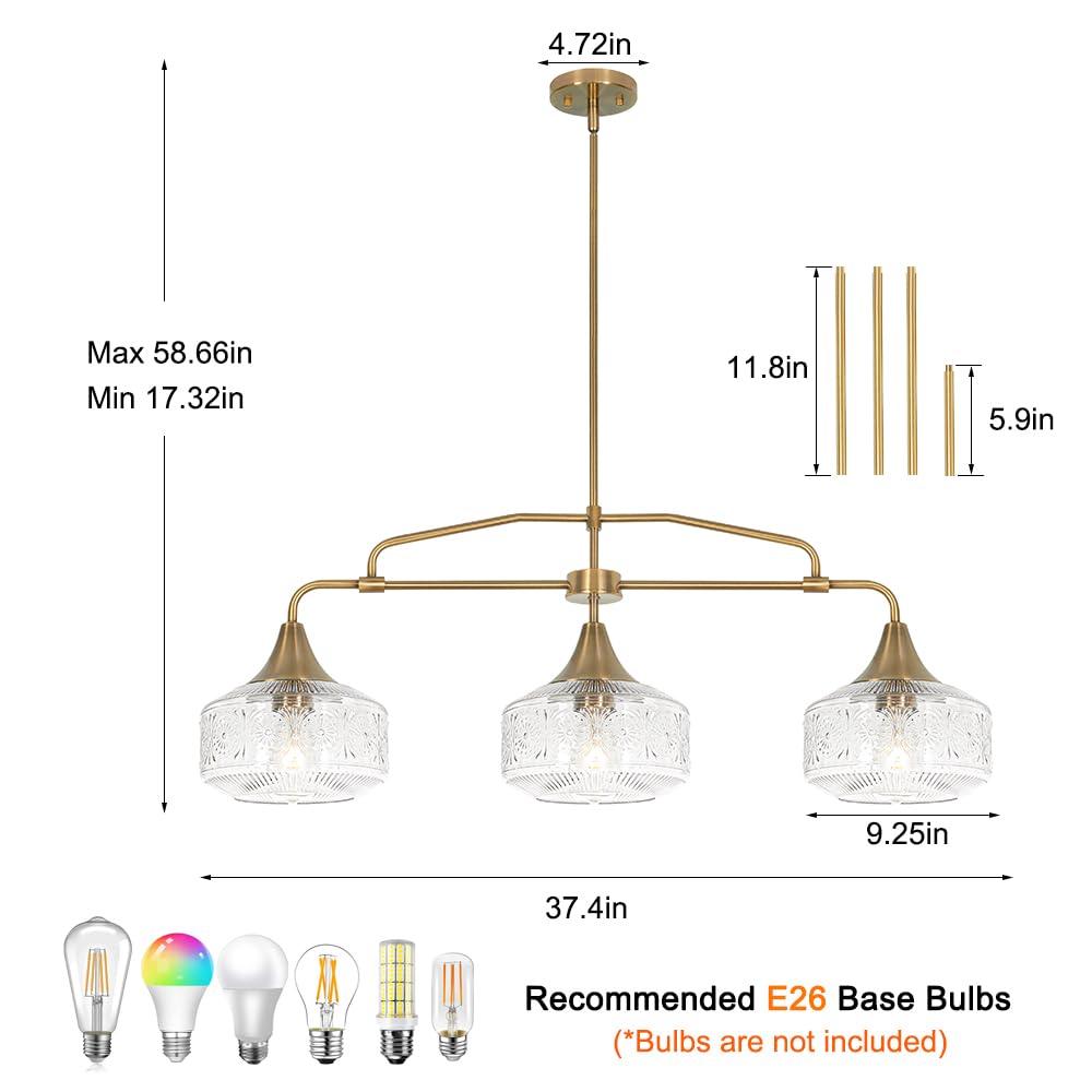 Adjustable 3 Light Kitchen Island Lighting Gold Island Light over Island (Gold+Clear Glass / 37.4in)