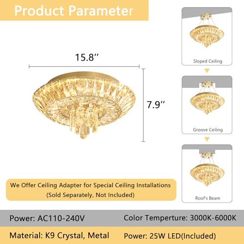Crystal Chandelier Modern Round Ceiling Light Fixture LED Raindrop Chandeliers Dimmable with Remote for Dining Room Living Room Entryway Hallway Bedroom Gold (Gold / W16")