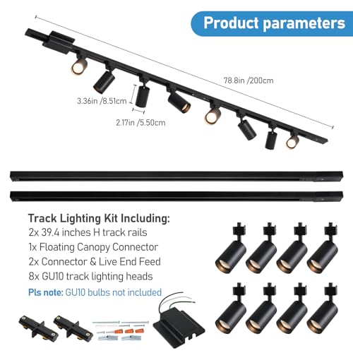 8 Light LED Track Lighting Kit with 6.6FT H Track Lighting Rails & Floating Canopy Connector (Black / 8 Lights)