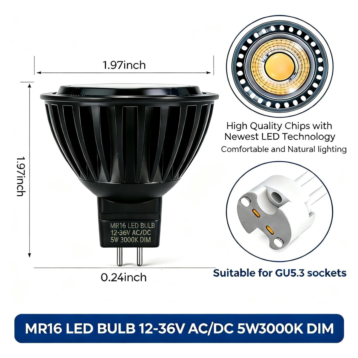 MR16 LED Bulb 5W Dimmable Upgraded Aluminum Housing & COB Chip (Black)