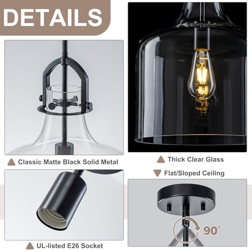 15"H Large Glass Pendant Light Fixtures with Clear Oversized Glass (Black)
