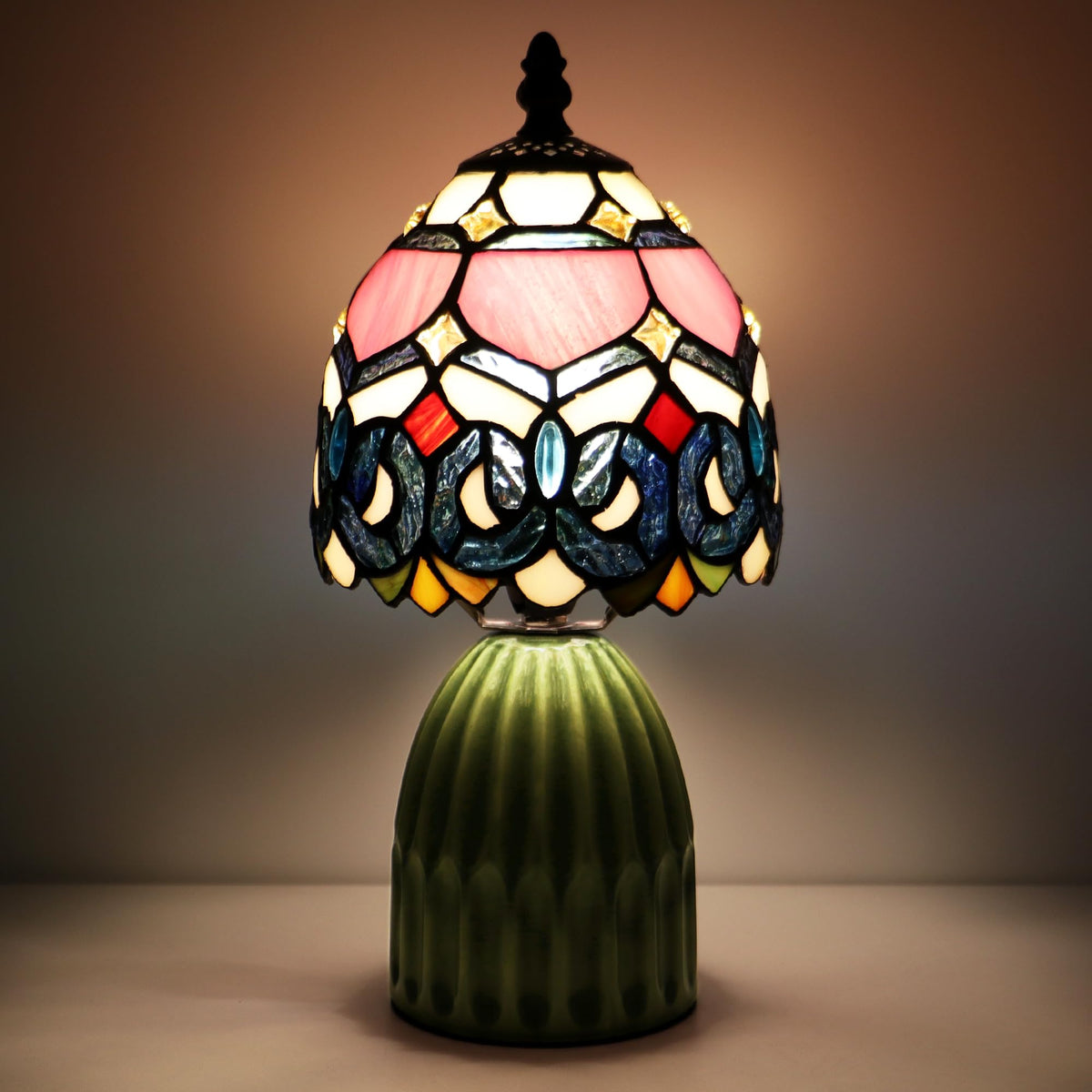 Tiffany Stained Glass Mushroom Table Lamp 12.5 Inch (Pink Jewelry Baroque)